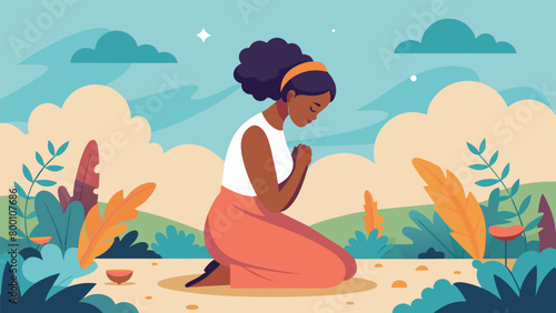 A woman kneels in front of a peaceful garden her head bowed in prayer as she reflects on the significance of Juneteenth and the journey towards. Vector illustration