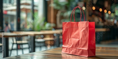 A red shopping bag sitting on top of a table photo