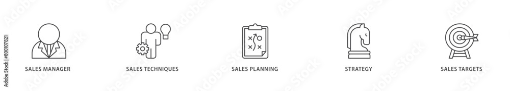 Sales management icons set collection illustration of manager, sales techniques, planning, strategy, and targets icon live stroke and easy to edit 
