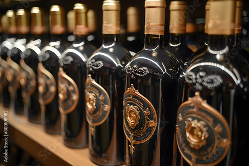 Elegant Wine Bottles Lined on Shelves with Golden Seals, Symbolizing Luxury and Refined Taste photo