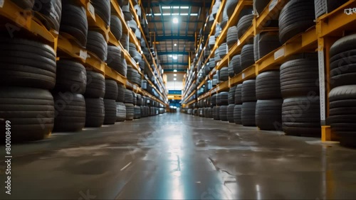 Symmetrical Silence: Tire Symmetry in Warehouse. Concept Warehouse, Tire Symmetry, Symmetrical Photoshoot, Industrial Setting photo