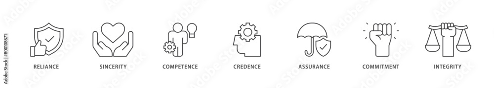Trust icons set collection illustration of integrity, credence, commitment, assurance, competence, sincerity, reliance icon live stroke and easy to edit Trust icons set collection illustration of integrity, credence, commitment, assurance, competence, sincerity, reliance icon live stroke and easy to edit