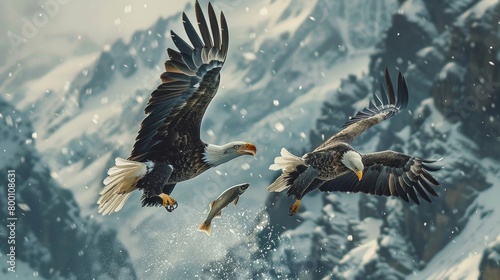 Two eagles are fighting over a fish in the snow