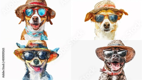 A set of watercolor illustrations for a Fun summer vacation depicting a happy dog of different breeds in sunglasses and a hat on a white background