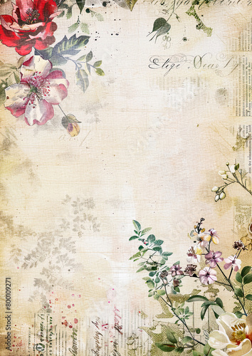 antique vintage old retro paper with vintage flowers bouquet watercolor and pieces of newspaper with old paper background