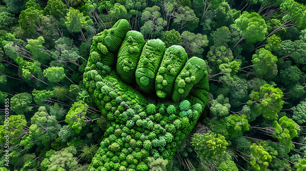 top aerial shot forest tress in the shape of hand fist. top aerial shot forest tress in the shape of hand fist.