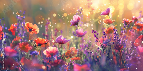 Beautiful meadow with wildflowers Colorful background 