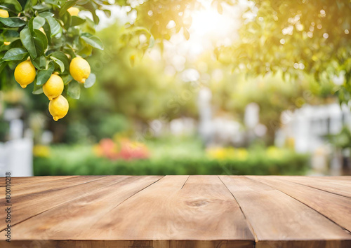 Wooden table top on blur lemon garden background in daytime. For montage product display or design key visual layout