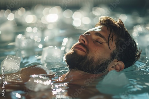 An image of a man ice bathing in chilly water with ice cubes around him depicts the notion of cold treatment and serenity closed eyes and space, Generative AI.