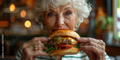 Close-up of a elegant senior woman biting a tasty cheeseburger with her hands