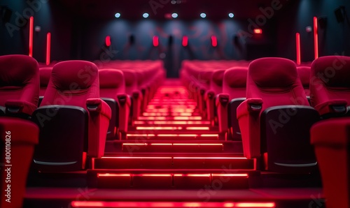 Rows of red empty seats in cinema hall photo