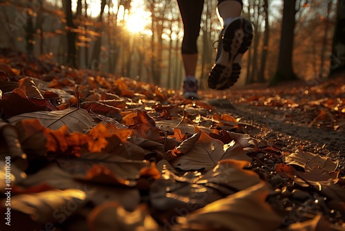 Golden hour jogging in a leafy autumn forest