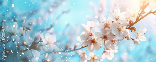 Blossoming tree branch on blue sky background. Spring equinox concept.