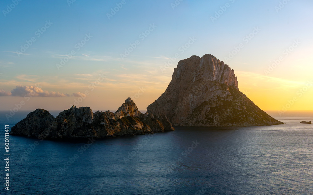 Panoramic view of Es Vedra and Es Vendrell islands from Es Vedra mirador cliff, Sant Josep de Sa Talaia, Ibiza, Balearic Islands, Spain
