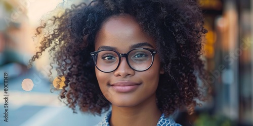cheerful of young African American girl in glasses with curly hair looking at the camera standing on city street
