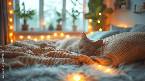 cozy image of a sleeping cat on the owner's bed, home comfort, Generative AI.