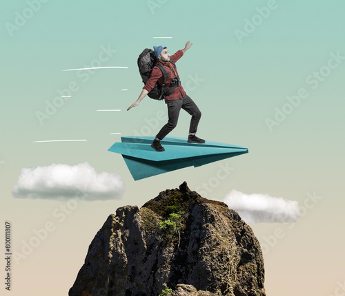 A traveler flies on a paper airplane over the mountains. Art collage.
