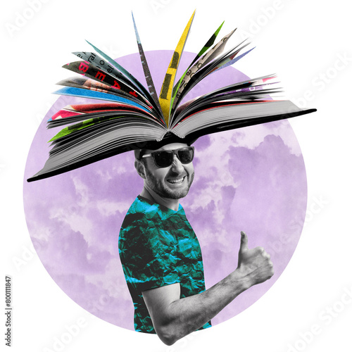 Man with a book on his head. Funny art collage.
