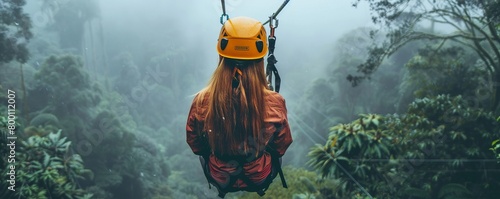 Female tourist taking zip line tour though Monteverde Cloud Forest, Costa Rica photo