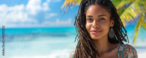 Beautiful African American woman with long black dreadlock hair outside on a tropical island beach looking at the ocean. photo