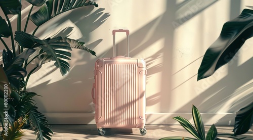 A mockup of light pink travel suitcase standing on floor with palm trees and leaves as decoration with a big space for text or product advertisement background, Generative AI.