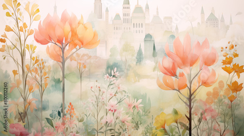 watercolor botanical flowers and trees with muted pastel green, orange, yellow, and pink colors, add dome of rock in the bottom right corner