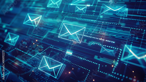 Glowing email icons on blue background.Futuristic Digital Data Network: A Visualization of Interconnected Information