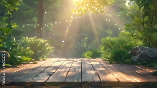 Sunny Green Haven with Wooden Deck. Concept Outdoor Photoshoot, Nature Scenery, Wooden Deck, Greenery, Sunny Atmosphere photo