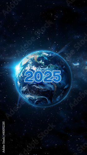 A blue and white poster of a planet with the number 2025 on it. The poster has a space theme and is meant to represent the year 2025. Generative AI