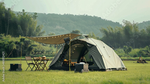 Camping tent on lawn, grassland background, simple composition. Wide and clean skies, authentic photography photo