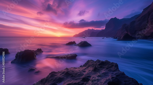 Stunning landscape showcases a sunset sky casting its glow over mountains adjacent to the ocean. With long exposures capturing the essence  the water appears smooth  vibrant colors saturate landscape