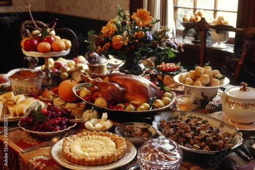 traditional Thanksgiving dinner food closeup. Festive table setting with turkey and pumpkins