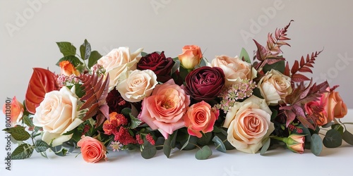 A top view and close shot of English rose composition with a festive flower arrangement on a studio white surface with a big space for text or product advertisement, Generative AI.
