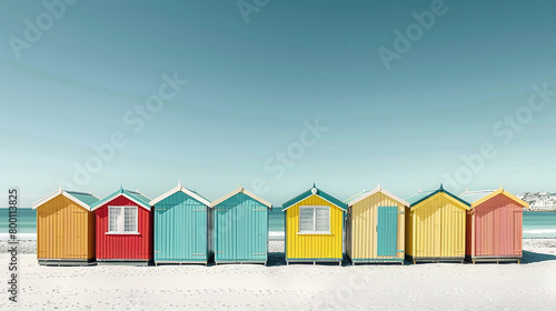 A colorful collection of beach huts lining the shore against a cloudless sky.