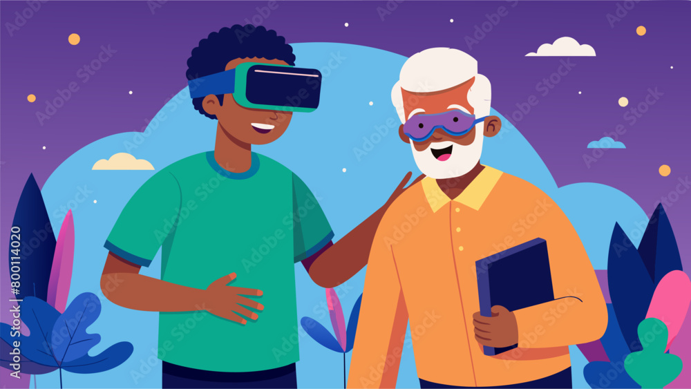 An older man and his teenage grandson viewing a virtual reality experience of the first Juneteenth celebration in Texas.. Vector illustration An older man and his teenage grandson viewing a virtual reality experience of the first Juneteenth celebration in Texas.. Vector illustration