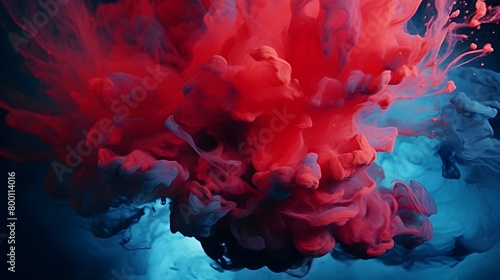  Witness the captivating fusion of acrylic blue and red pigments swirling and mixing in water, creating stunning ink blots against an enigmatic black canvas, each detail brought to life with the clari