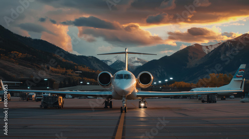 Charter jet plane at the airfield against the backdrop of a landscape of beautiful mountains