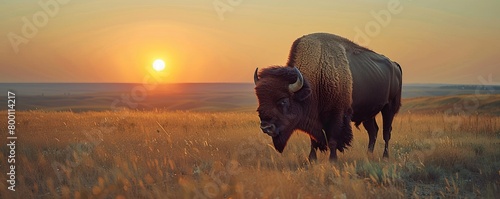 American bison grazing on grassy field against clear sky during sunset