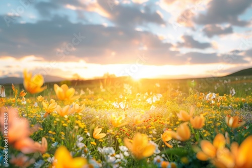 vibrant springtime or summer scene in the meadow with yellow flowers closeup at sunset light . Harmony with nature. Idyllic landscape.
