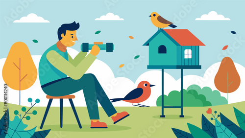 A man sits in his backyard binoculars in hand as he observes a variety of colorful birds at his bird feeder..