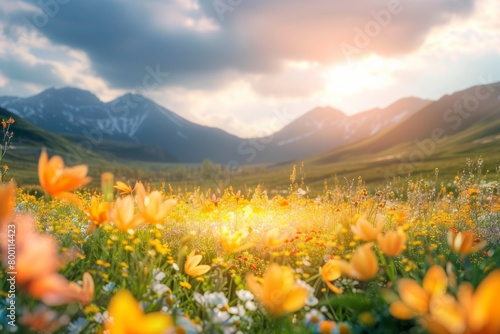 vibrant springtime or summer scene in the meadow with flowers at sunset light and mountains view . Harmony with nature. Idyllic landscape.
