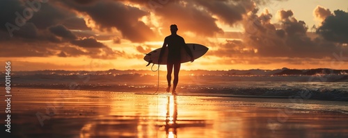 Silhouette of male surfer walking with surfboard on seashore at sunset