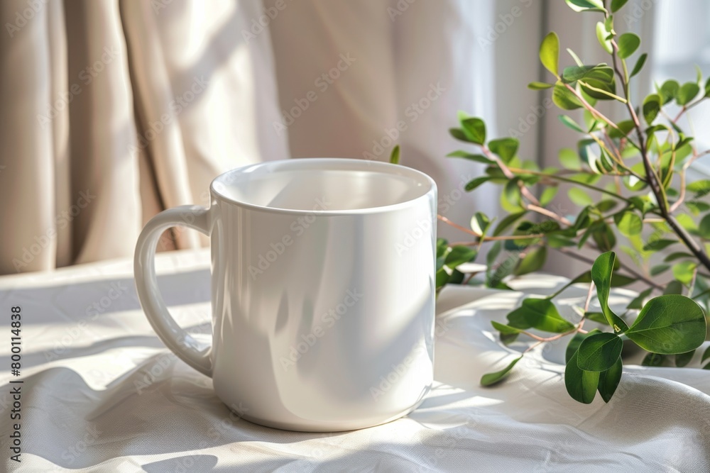 White Blank Mug Mockup in Photographic Scene created with Generative AI White Blank Mug Mockup in Photographic Scene created with Generative AI