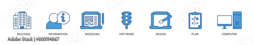 BIM icons set collection illustration of building, information, modeling, software, design, plan, and computer icon live stroke and easy to edit 