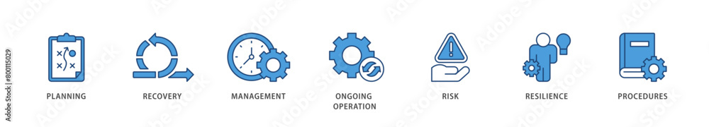 Business continuity icons set collection illustration of management, ongoing operation, risk, resilience, and procedures icon live stroke and easy to edit Business continuity icons set collection illustration of management, ongoing operation, risk, resilience, and procedures icon live stroke and easy to edit