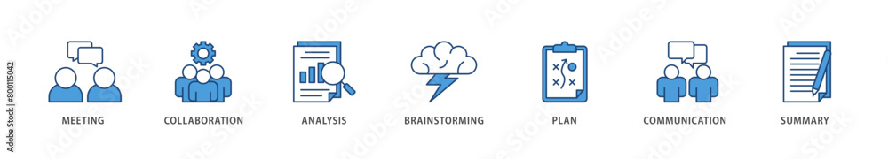 Brief icons set collection illustration of meeting, collaboration, analysis, brainstorming, plan, communication, and summary icon live stroke and easy to edit Brief icons set collection illustration of meeting, collaboration, analysis, brainstorming, plan, communication, and summary icon live stroke and easy to edit