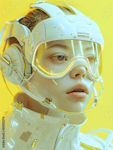 3D rendering of a female astronaut in white spacesuit isolated on yellow background.Mystique Astronaut: A Blurred Vision in the Cosmos