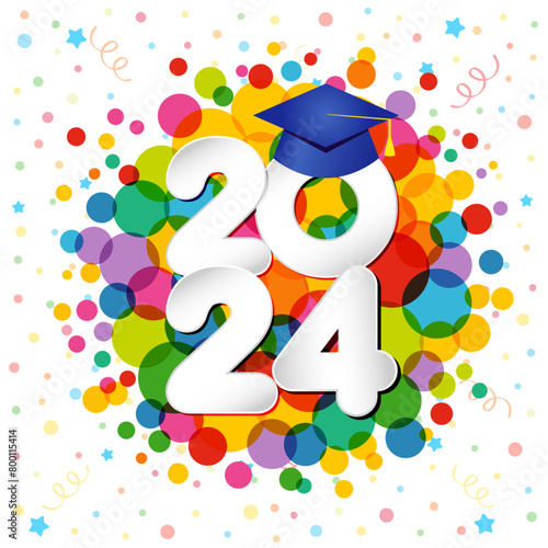 Cute graduating banner with colorful abstract background. Holiday festive backdrop, coloured confetti, paper style number 2 0 2 4 and 3D blue motarboard icon. Sticker or label design. Badge template.