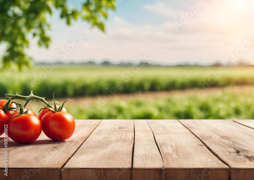 Wooden table top on blur tomato field background in daytime.Harvest rice or whole wheat.For montage product display or design key visual layout