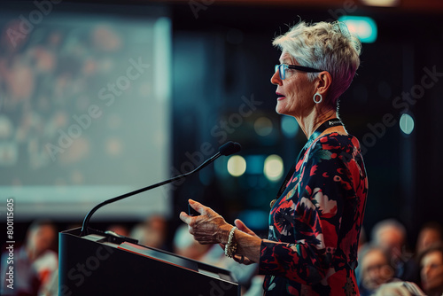 A seasoned female executive, over the age of 50, delivering a presentation at a technology conference, showcasing her expertise and leadership photo